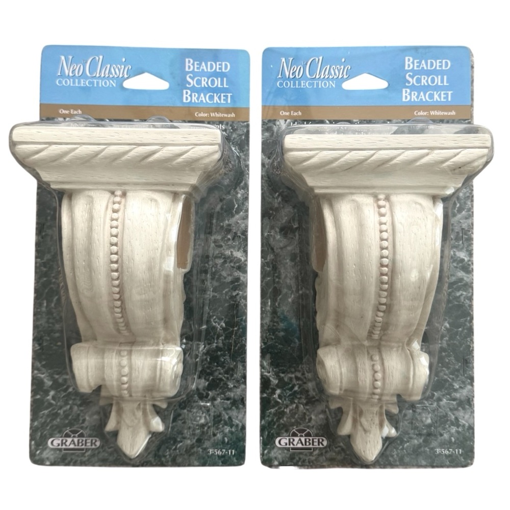NWOT whitewash beaded scroll brackets for swag & tab top curtains. Set of 2